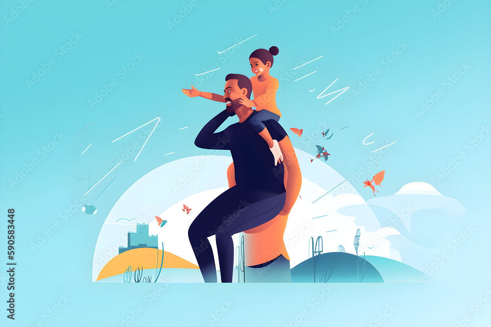 Flat vector illustration Portrait, father and child carrying summer holidays, holidays and freedom against blue sky in mock up place. Happy family below, dad and girl fly Flat vector illustration Portrait, father and child carrying summer holidays, holidays and freedom against blue sky in mock up place. Happy family below, dad and girl fly