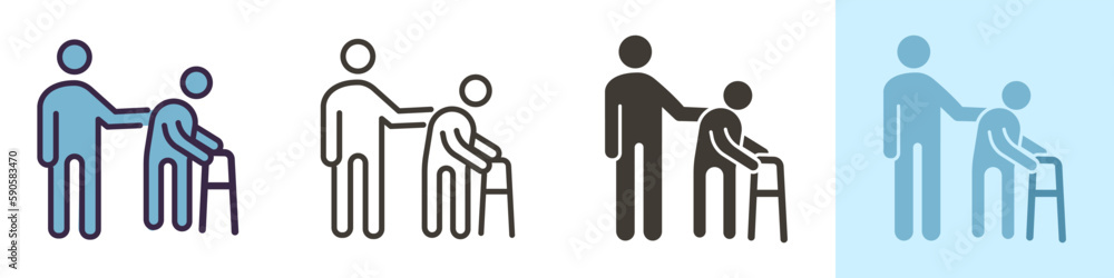 Person helping old patient. Vector icon illustration in different styles. Nursing home, senior and elders support, healthcare for the older people Person helping old patient. Vector icon illustration in different styles. Nursing home, senior and elders support, healthcare for the older people