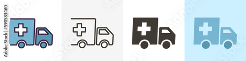 Truck with cross. medical and food supplies icon. Vector graphic elements illustrations in different styles. Charity, donation, help and urgency concepts.