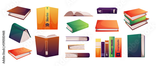 Books collection. Pile of college textbooks, paper book with cover, study reading education concept. Vector different colorful books illustration. Literature as stories, fairy tales and encyclopedia