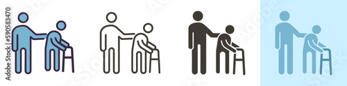 Person helping old patient. Vector icon illustration in different styles. Nursing home, senior and elders support, healthcare for the older people