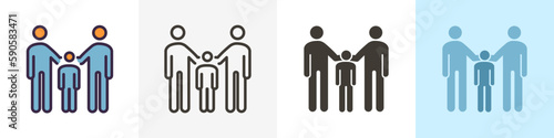 Family with parents and kid icon. Vector graphic element illustrations in different styles. For concepts of family union, adopting a child, same sex parenting, orphanage