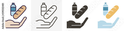 Hand offering bread and water icon. Vector graphic elements in different styles. World hunger and poverty donation. Helping those in need with basic necessities, food and groceries.