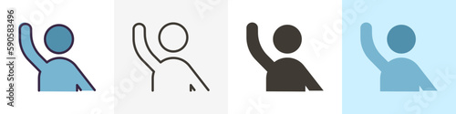 Character with arm raised ready to help, answer, question something or hand wave. Vector icon illustration in different styles. Volunteer, student raising his arm, voting, protesting, waving