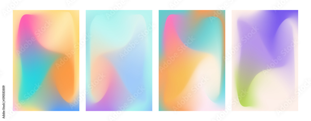 Holographic Gradient mesh set vector. Iridescent aura pastel mesh soft backgrounds for design concepts, web, smartphone screen, presentations, banners, posters and prints