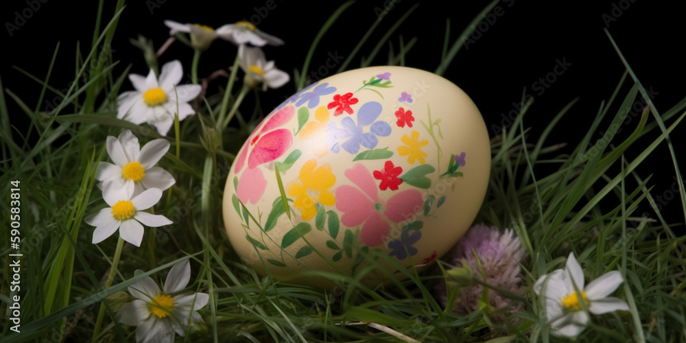 Easter Egg on green grass field, spring meadow. Generative AI Easter Egg on green grass field, spring meadow. Generative AI