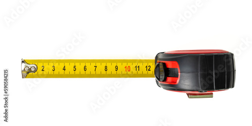 Yellow measuring roulette on white background top view. Construction tool