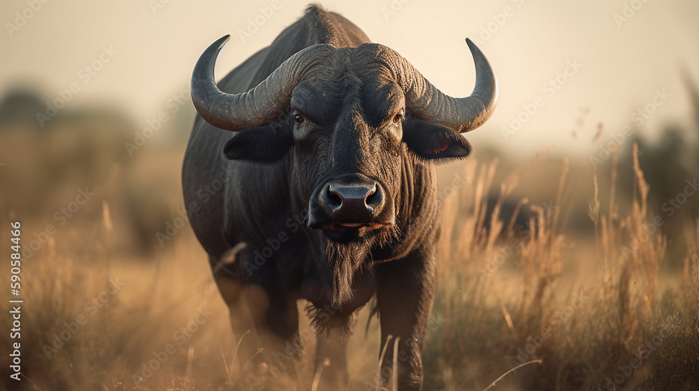 Fototapeta premium buffalo on the background of the African savannah, hot day, animals of Africa. ai generative