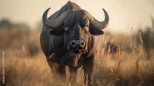 buffalo on the background of the African savannah, hot day, animals of Africa. ai generative