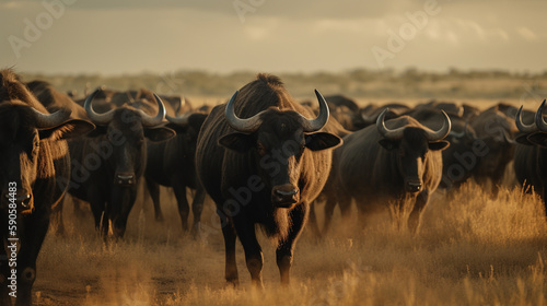 herd of buffalo on the background of the African savannah, hot day, animals of Africa. ai generative © Oleksandr