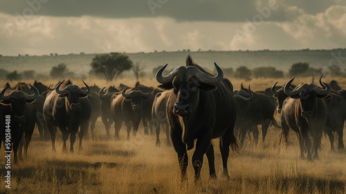 herd of buffalo on the background of the African savannah, hot day, animals of Africa. ai generative