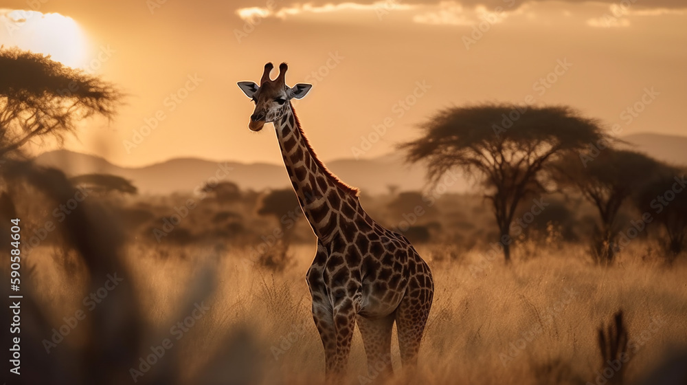 giraffe on the background of the African savannah, hot day, animals of Africa. ai generative