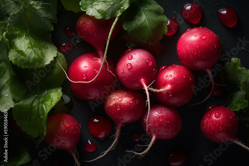 fresh radishes, visible water drops, background. ai generative