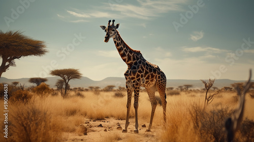 giraffe on the background of the African savannah  hot day  animals of Africa. ai generative