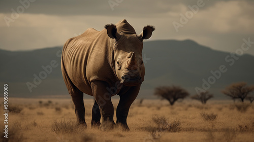 rhinoceros on the background of the African savannah, hot day, animals of Africa. ai generative photo