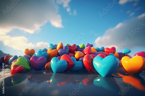Colorful of Heart falling on the sky. Selective focus. Concept Valentine Day. Generative Ai.