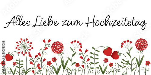 Alles Liebe zum Hochzeitstag, Text in deutsch. Grußkarte mit Blumen aus roten Herzen.