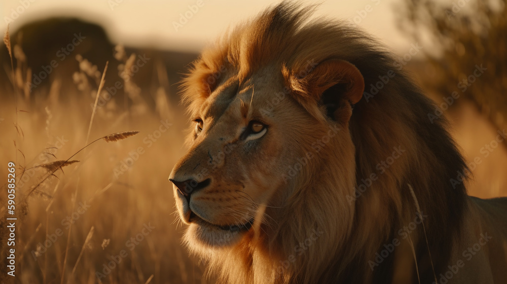 lion with a chic mane against the background of the African savannah, hot day, animals of Africa. ai generative