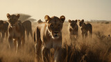 lioness on the background of the African savannah, hot day, animals of Africa. ai generative