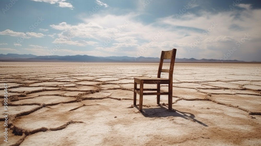 Old rustic empty chair at dry salt lake, Minimalism concept.