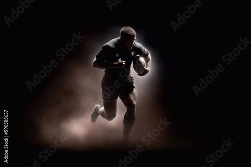 Silhouette of a Rugby Player Running with the Rugby Ball with Backlight, Generative AI