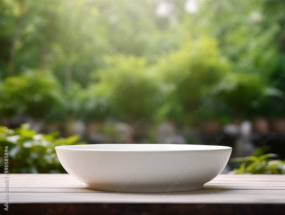 Wooden table with bowl in the garden with copy space for product placement. Generative ai Wooden table with bowl in the garden with copy space for product placement. Generative ai
