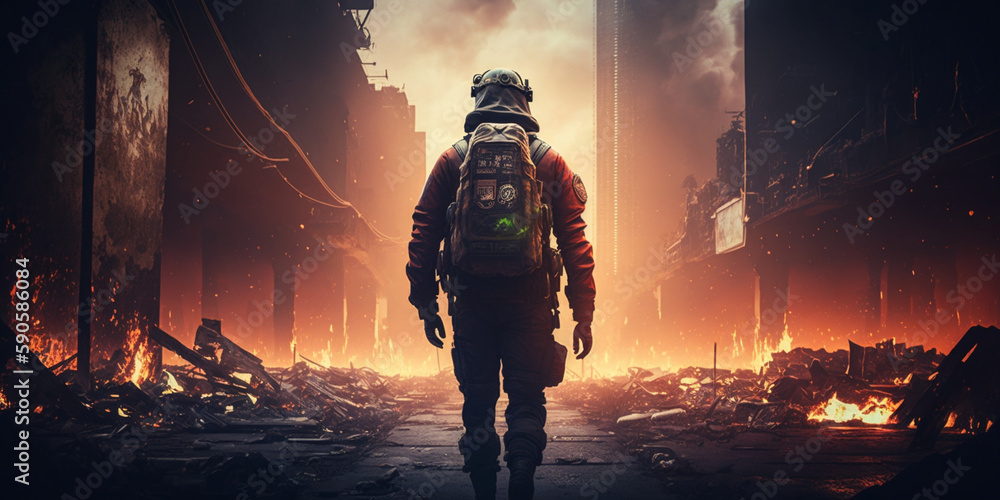Obraz premium Lone firefighter walking, destruction, fire, earthquake, apocalypse, game, lifestyle, low profile. Generative AI