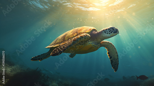 aquatic animal sea turtle swimming near the water surface, habitat portrait of turtle floating Up and over coral reef, Generative AI ,illustration © ruslee