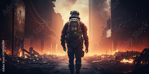 Lone firefighter walking, destruction, fire, earthquake, apocalypse, game, lifestyle, low profile. Generative AI