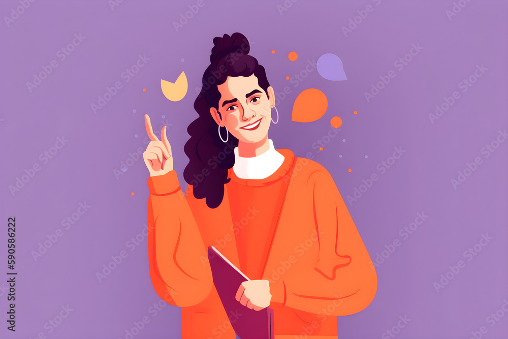 Flat vector illustration Photo of cute sweet lady in orange cardigan pointing thumbs up at empty space isolated on purple background Flat vector illustration Photo of cute sweet lady in orange cardigan pointing thumbs up at empty space isolated on purple background