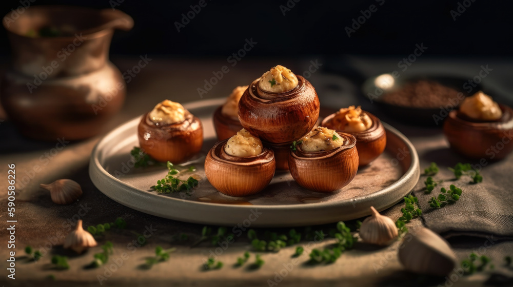 Savor the Decadent Taste of Traditional French Escargots De Bourgogne, food photography. Generative AI