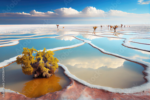 Bolivia landscape with beautiful salt lake. Generative AI Art. Beautiful view.