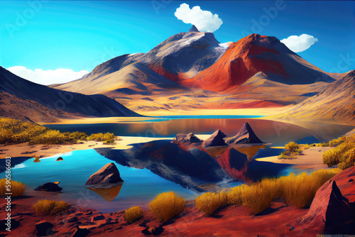 Bolivia landscape with beautiful lake and mountains. Generative AI Art. Beautiful view.
