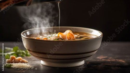 Mouthwatering Dashi Broth, A Japanese Cuisine Classic, Pictured in Hyperrealistic Detail, food photography. Generative AI