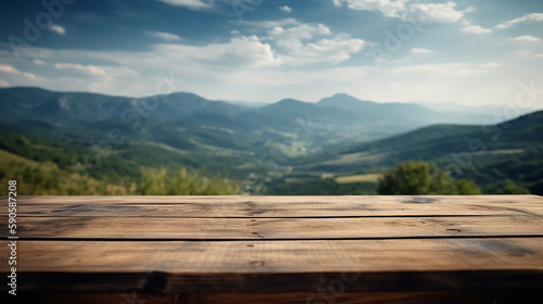 Empty wood table in front of green mountain and blue sky at summer blurred background concept image for product commercial ad Generative AI