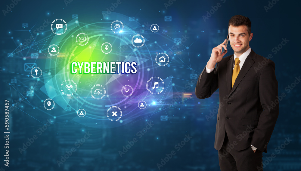 Businessman thinking about modern technology Businessman thinking about modern technology