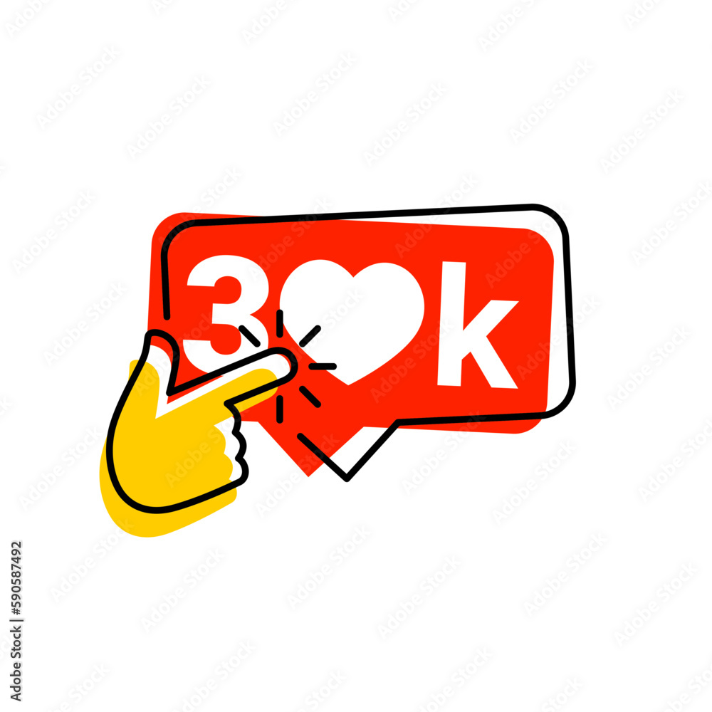 30k icon likes. 30k counter notification icon. Follower. Button, ui, web. 30000 social media likes. Hand click finger icon vector