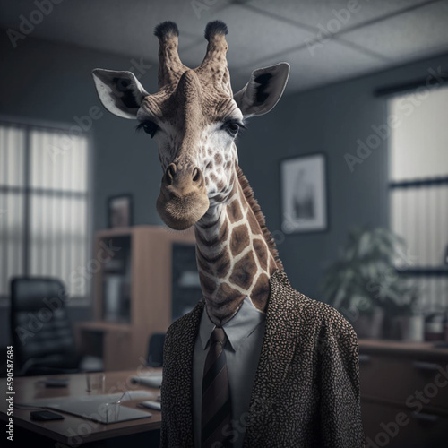 Giraffe in a suit in the office. Generative AI. © DALU11