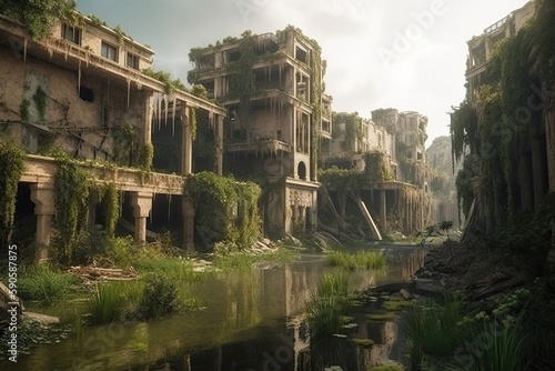 Post Apocalyptic City Overgrown with Plants (Generative AI) © JJAVA