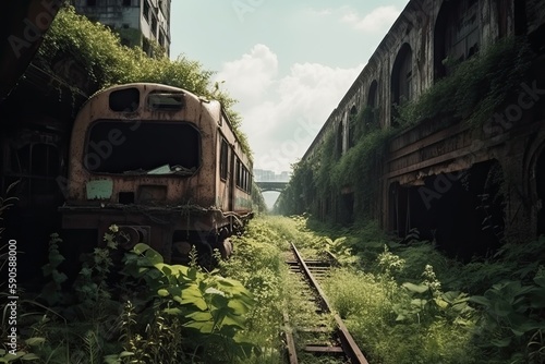 Post Apocalyptic City Overgrown with Plants (Generative AI)