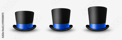 Vector 3d Realistic Black Top Hat Icon Set Closeup with Blue Ribbon Closeup Isolated on White Background. Classic Retro Vintage Top Hat, Vintage Gentlemans Mens Hat, Front View
