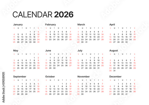 Annual calendar template for 2026 year. Week Starts on Sunday. Business calendar in a minimalist style for 2026 year.