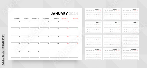 Monthly calendar template for 2024 year. Wall calendar grid in a minimalist style. Week Starts on Monday. Planner for 2024 year.