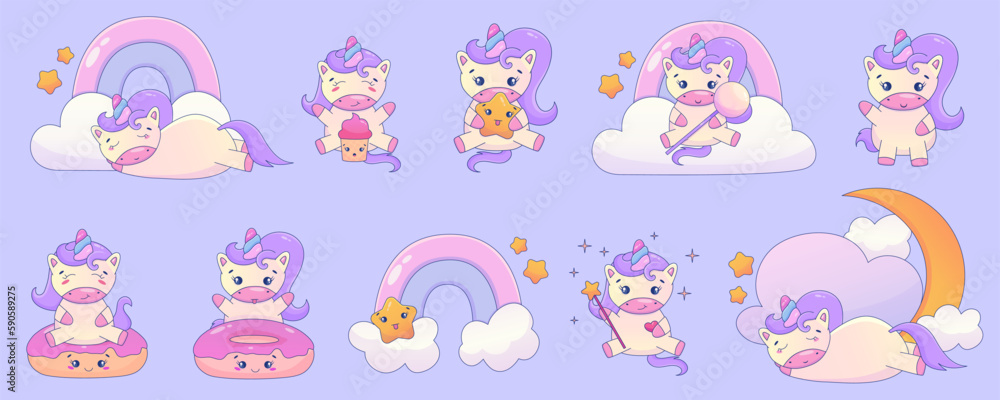 Cute Cartoon Unicorn Kawaii set. Unicorn with donut, rainbow kawaii animal sticker. Magic cute pony. Cartoon vector illustration Cute Cartoon Unicorn Kawaii set. Unicorn with donut, rainbow kawaii animal sticker. Magic cute pony. Cartoon vector illustration