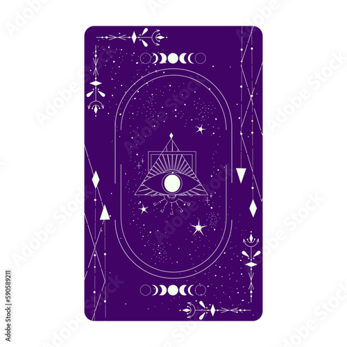 Tarot card with mystic eye pyramid and celestial border. Boho esoteric tarot card with eye and frame. Vector illustration. Sacred geometry celestial triangle
