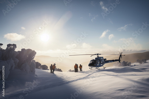 Search and rescue operation in mountains. Medical rescue helicopter landing in snowy mountains. Created with Generative AI