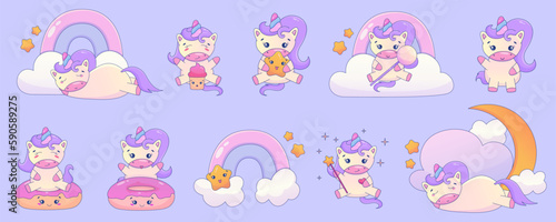 Cute Cartoon Unicorn Kawaii set. Unicorn with donut, rainbow kawaii animal sticker. Magic cute pony. Cartoon vector illustration