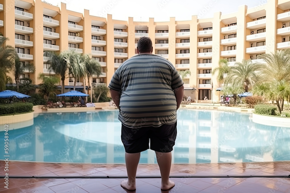 Back view of fat man with overweight standing near swimming pool at ...