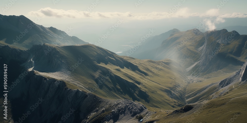 Mountain rock landscape. Winding road near mountain rock landscape. Background. Mountain panoramic scenery. Road in the mountains. Generative AI