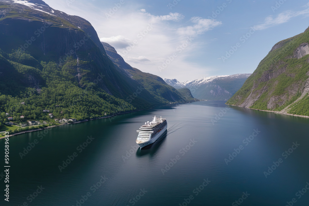 Large cruise ship in fjords. Tourism vacation and summer traveling. Luxury liner ship in beautiful landscape with mountains. Created with Generative AI